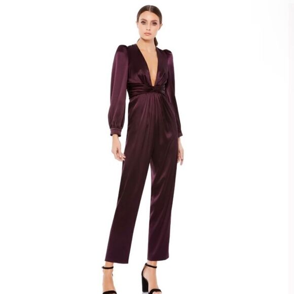 Mac Duggal 2647 Womens Plum Front Twist Puff Sleeve Jumpsuit Pants - Picture 2 of 12